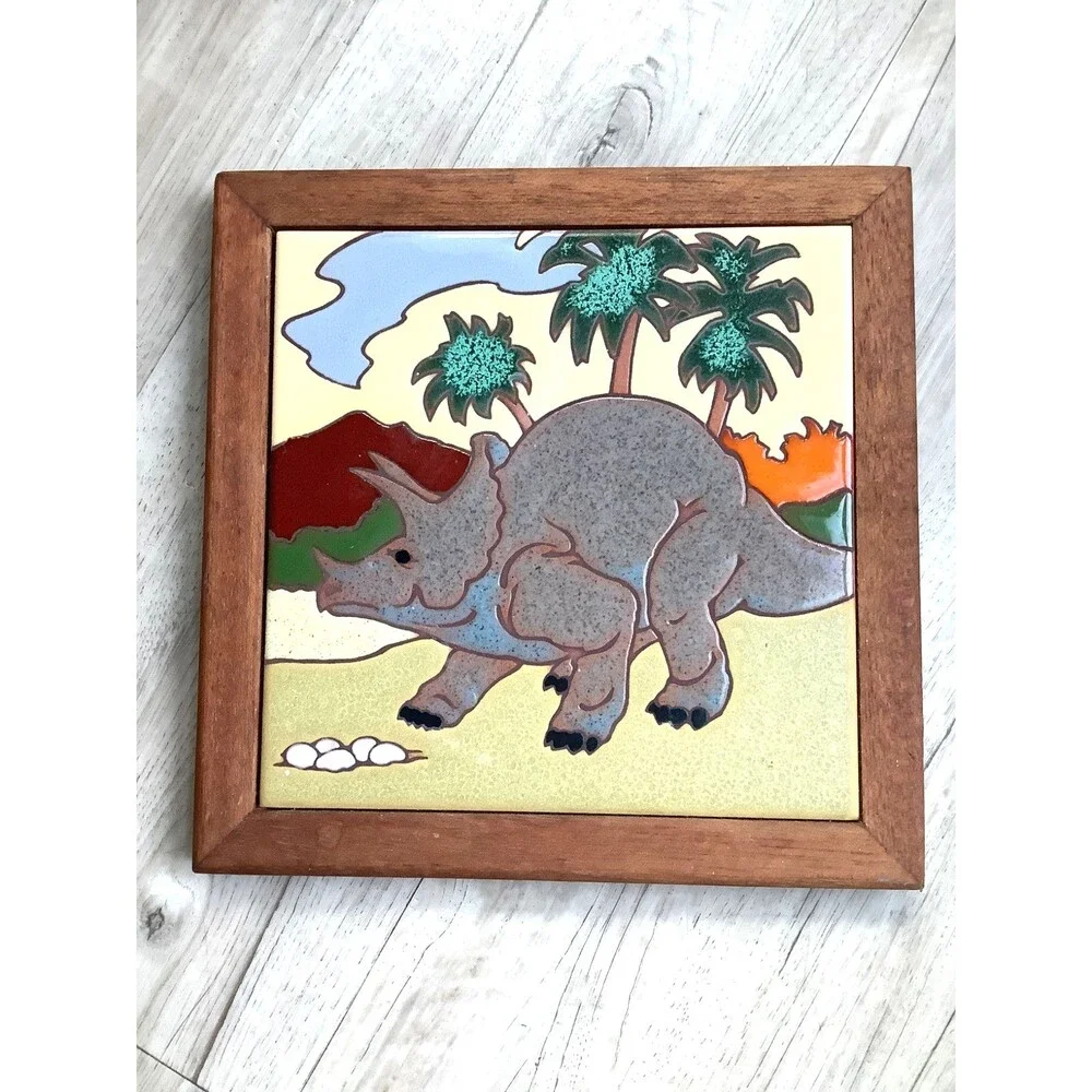 MCM Art Tile Pottery Triceratops Framed Trivet Nursery Decor Kid Room Dinosaurs